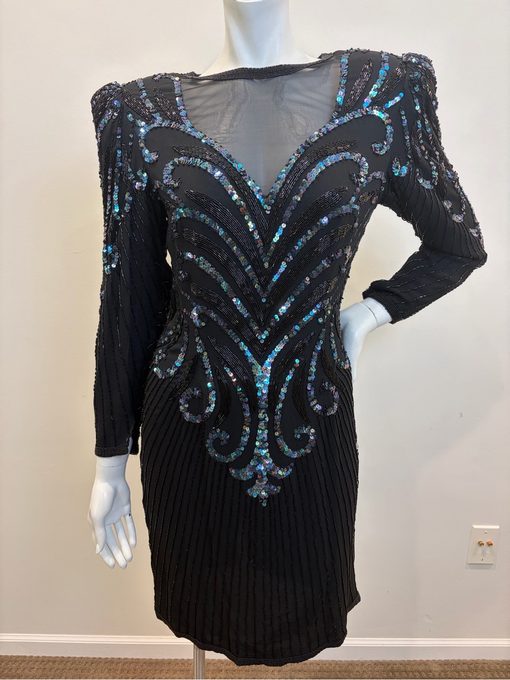 A.J. BARI Vintage 80s Black Beaded Long Sleeve Mini Dress